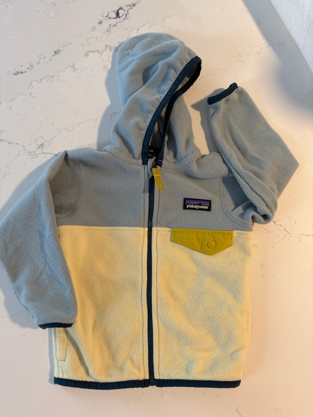 Patagonia Kids Colorblock Hooded Fleece Jacket in Pale Blue and Pale Yellow